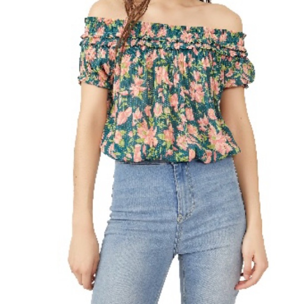 Free people Suki Floral off the shoulder top in green garden, size M